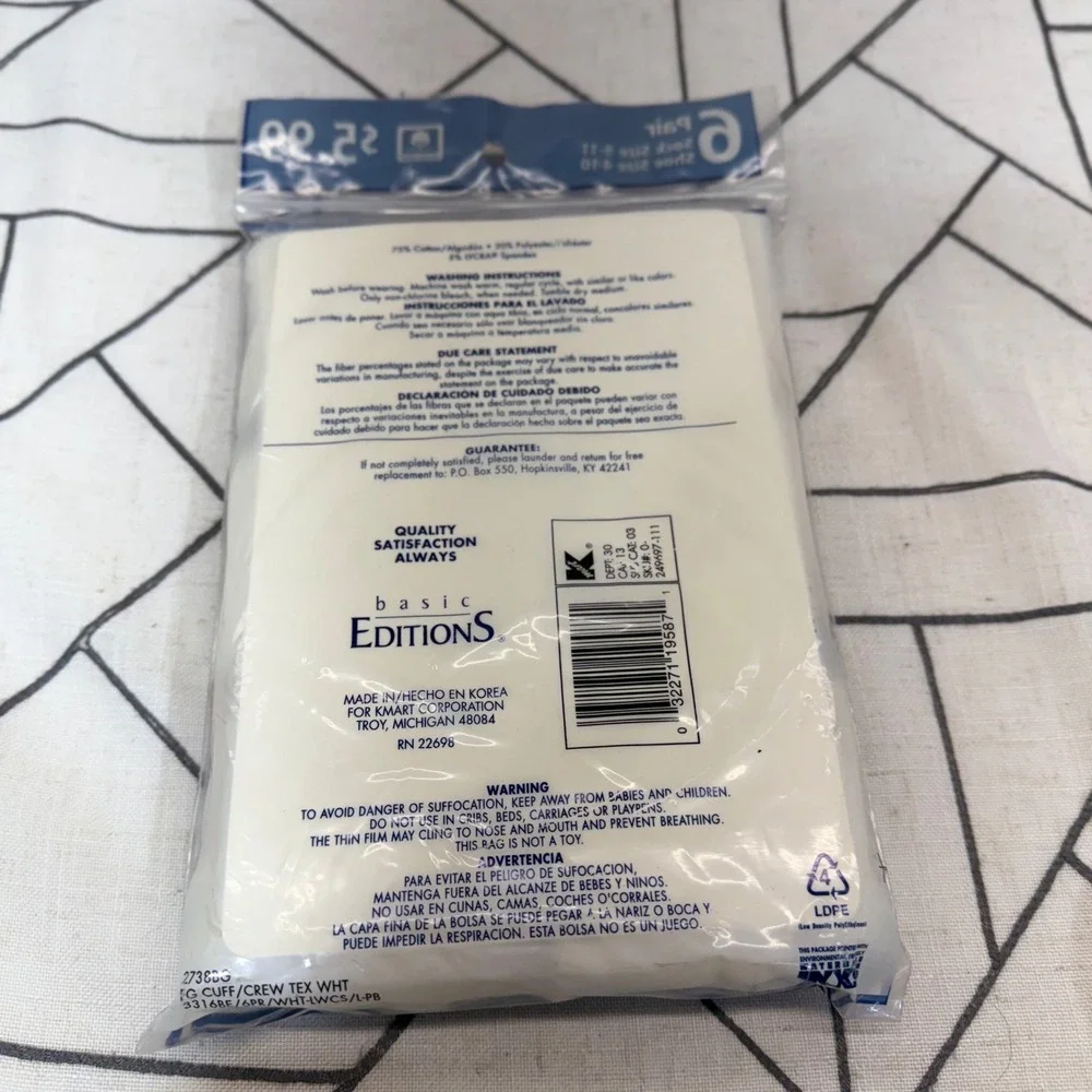 Basic Editions Lightweight VTG Cuff Socks 9-11 White 6 Pr Pack Cotton Blend Crew